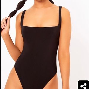Black slinky square neck thong body suit